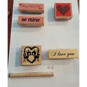 Vintage Wood Mounted Rubber Stamps Lot of 6 ~ Lady Bug, Hearts, Valentine's Day